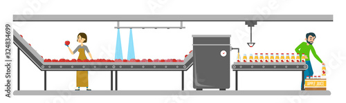 Apple juice conveyor on the factory vector isolated. Food