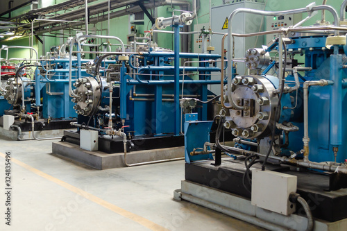 Compressors in the production hall. Engine room.