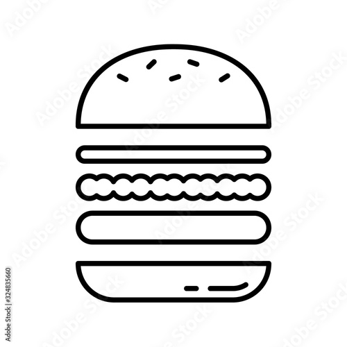 Separate layered hamburger. Linear logo of sandwich with layers of bun and stuffing. Black white illustration of meat or vegan fast food. Contour isolated vector. Icon for make your own burger in cafe