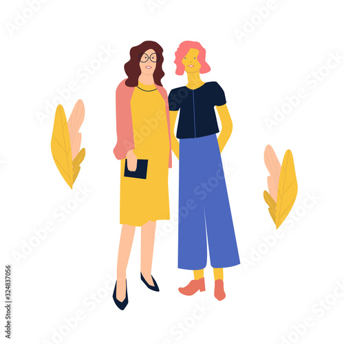 Female characters – happy women or girls standing together. Girl friends, feminists. Flat cartoon characters women. Vector illustration isolated on white background. International Women's Day