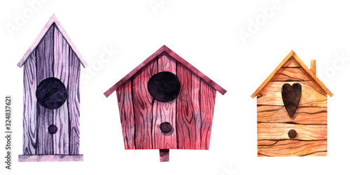 Watercolor Easter elements. Birdhouses of different shades of purple, pink and wooden for decoration and design of printing, greeting cards, fabrics, textiles, holidays, wallpapers, paper and scrapboo photo