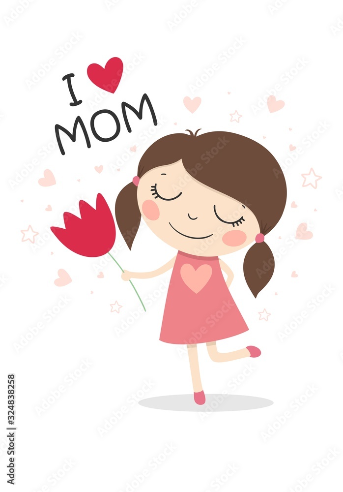 Little cute girl with a tulip. I love you, mom flat vector illustration. Greeting card for Mothers Day Little cute girl with a tulip. I love you, mom flat vector illustration. Greeting card for Mothers Day