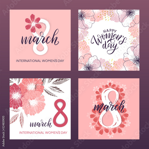 8 of march International Women's day set of festive square greeting cards. Women's day social media celebration post template. Vector illustration EPS 10