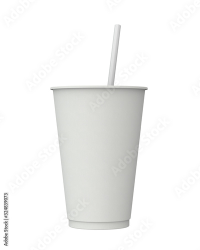 Empty White Paper Fast Food Cup with Drinking Straw. 3D Render Isolated on White.