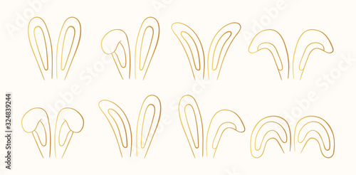 Happy Easter golden bunny or hare ears in outline. Vector isolated gold rabbit headband templates.