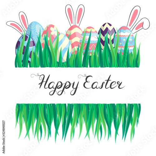 Happy Easter colorful border with eggs composition, grass, bunny ears and lettering. Cute watercolor floral holiday greeting card, invitation template.