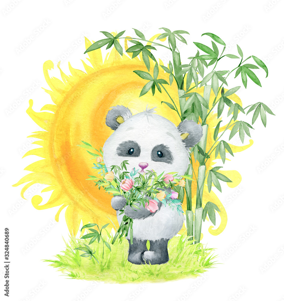Panda with a bouquet of bamboo branches and flowers, standing against the background of the sun and bamboo trees. Watercolor concept, on an isolated background, for children's cards and invitations.