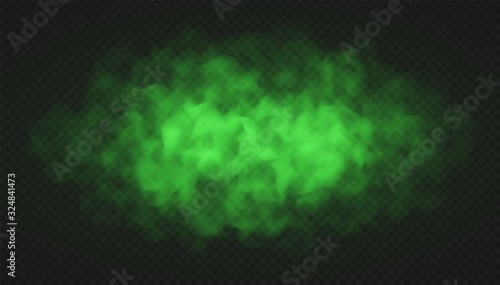 Green fog, bad smell or toxic smoke cloud isolated on transparent background. Realistic smog, haze, mist or cloudiness effect. Realistic vector illustration.