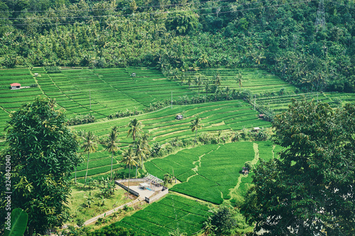 Beautiful lanscape with green valley, rice fields and mountains. Bali Indonesia.