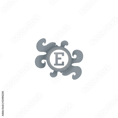 Letter E Decorative Brooch Alphabet Logo isolated on white Background. Elegant Curl & Floral Logo Concept. Luxury Gray Initial Abjad Logo Design Template. EPS 10 File Project