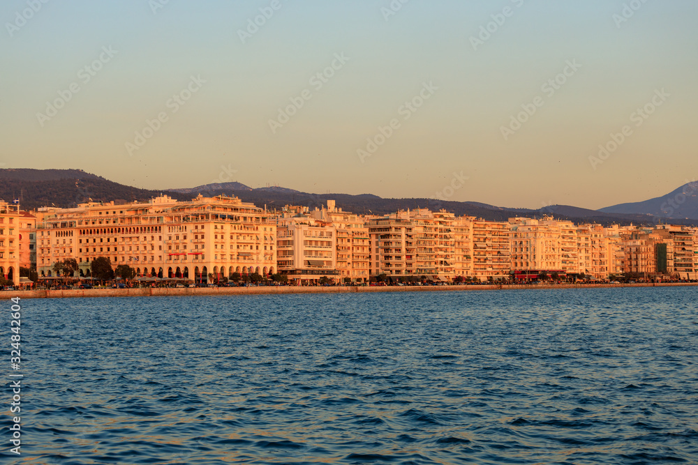 Thessaloniki, Greece - February 13 2020: sunset on the city promenade