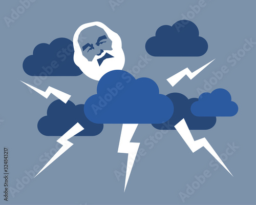 Personification of angry God. Greybeard old man is on the sky and creating natural disaster - godly and divide punishment and retribution. Vector illustration photo