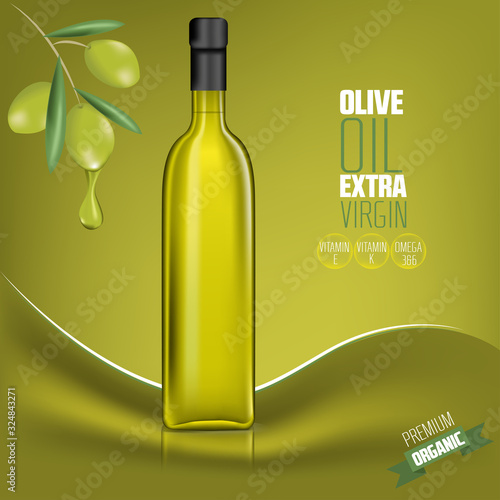 olive oil ad with some of its nutrients and olive fruit elements, 3d illustration