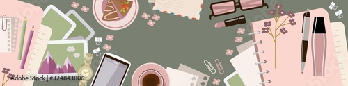 Horizontal banner with diary on the table. Women's glamorous things. Stylish workplace
