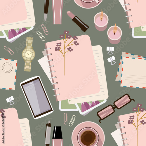 Seamless pattern withl diary on the table. Women's glamorous things. Stylish workplace. Vector flat illustration