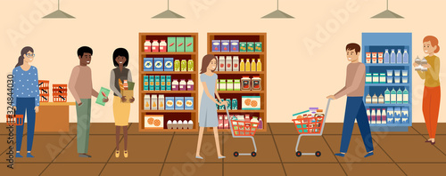 Supermarket. People choosing and buying products at grocery store