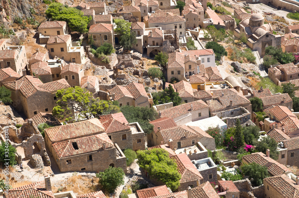 Top view of the ancient greek town Monemvasia in Greece
