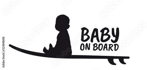Vector sticker Baby on board. Silhouette of a surfer sitting baby. Isolated on white background.