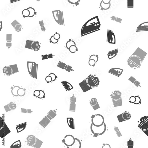 Set Electric iron , Washing dishes , Bucket with foam and bubbles and Plastic bottles for liquid dishwashing liquid on seamless pattern. Vector
