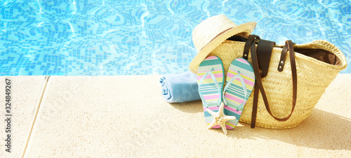 Summer accessories at the swim pool, Travel concept, Vacation time
