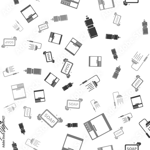 Set Plastic bottles for liquid dishwashing liquid, Washer , Shower head with water drops flowing and Bar of soap with foam on seamless pattern. Vector