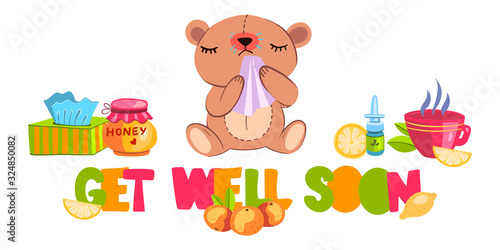 Vector hand drawn postcard “Get Well Soon” with cute sick cartoon style bear. With hot tea, cup, honey, lemon, nasal drops, napkins, pills and orange.