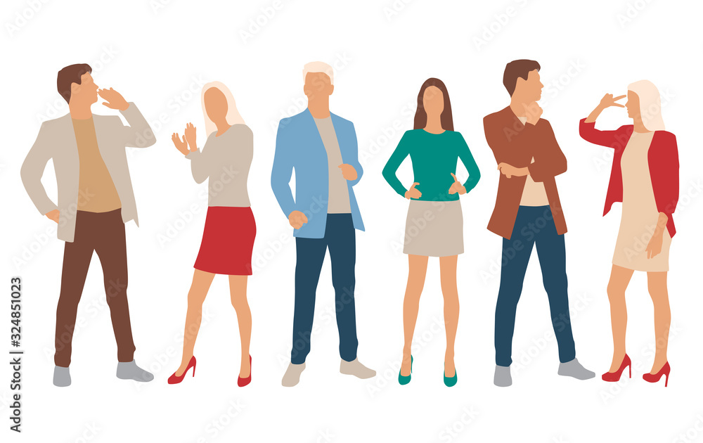 Fototapeta premium Set of men and women, different colors, cartoon character, group of silhouettes standing business people, flat icon design concept isolated on white background