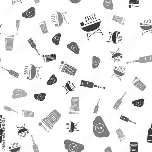 Set Barbecue grill , Music streaming service , Champagne bottle and Karaoke on seamless pattern. Vector