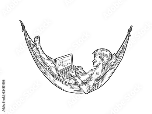 Programmer works in hammock sketch engraving vector illustration. T-shirt apparel print design. Scratch board imitation. Black and white hand drawn image.