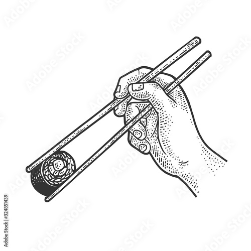 sushi roll on chopsticks sketch engraving vector illustration. T-shirt apparel print design. Scratch board imitation. Black and white hand drawn image.
