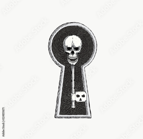 Black silhouette on white of an old antique key topped with a skull conceptual of unlocking a pirate treasure, or a horror design element for Halloween, vector illustration. tattoo design.