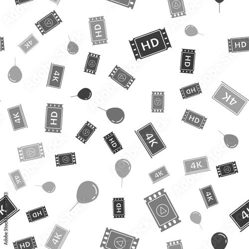 Set 4k movie, tape, frame , Play Video , Laptop screen with 4k video technology and Balloon with ribbon on seamless pattern. Vector