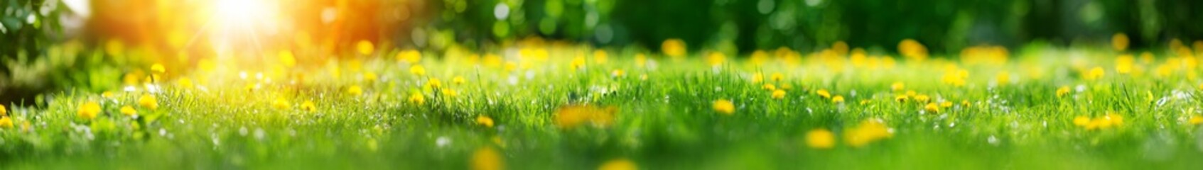 Field with dandelions. Closeup of yellow spring flowers
