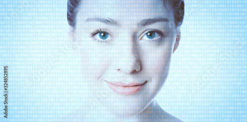 Canvas Print AI artificial intelligence or female programmer coder - binary computer code sup
