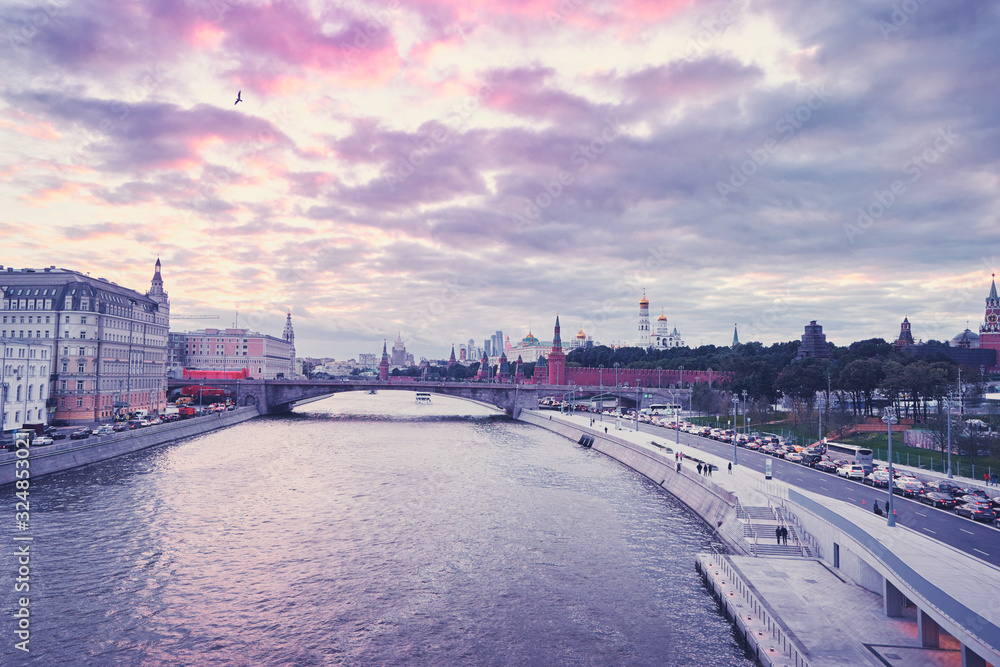 Beautiful city landscape. Sunset on Moscow River .