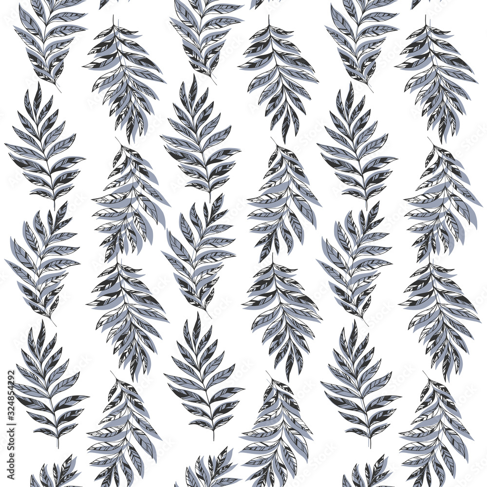 Seamless tropical vector pattern. Black and white hand drawn leaves. Endless ornament