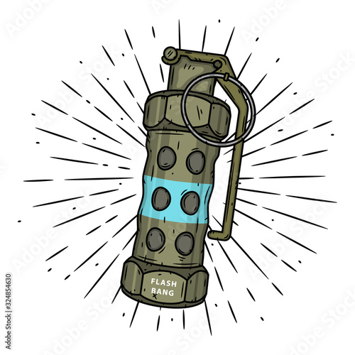 Flash Grenade. Hand drawn vector illustration with a grenade and divergent rays. Used for poster, banner, web, t-shirt print, bag print, badges, flyer, logo design and more.