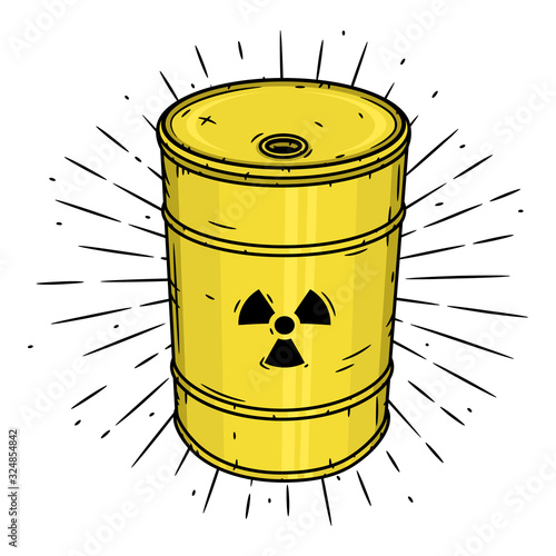 Barrel with radioactive waste. Hand drawn vector illustration with barrel and sunburst.