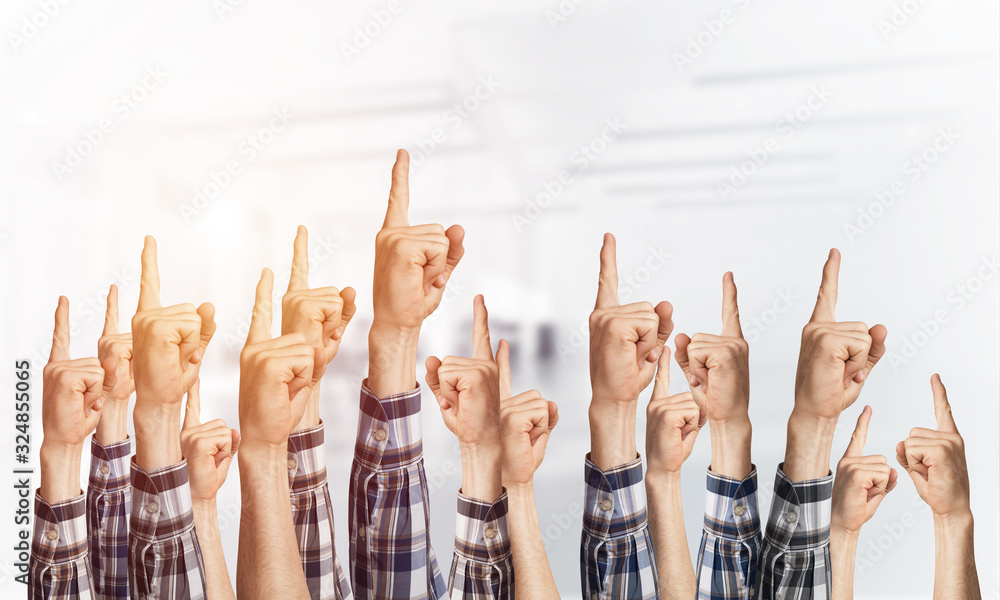 Row of man hands showing finger pointing gesture