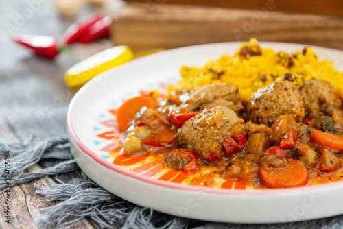Kofta Tagine Moroccan Meatballs Served With Semolina and Vegetables
