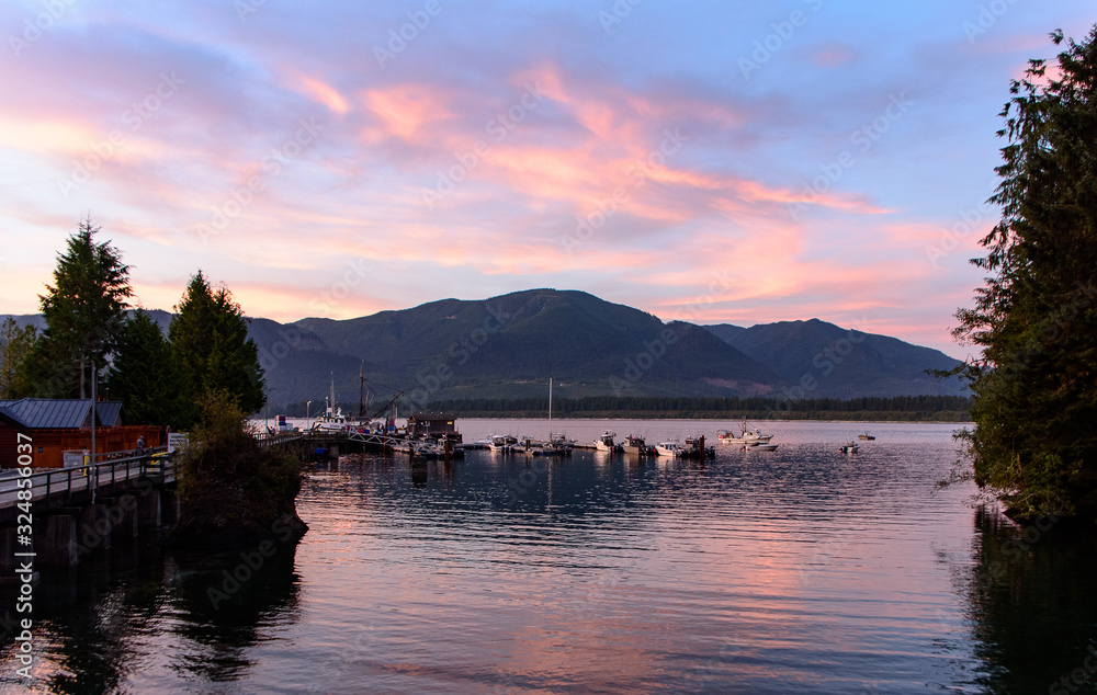 Sunset over a habour of a small fisher village on Vancouver Island, North-America, Canada, British Colombia, August 2015