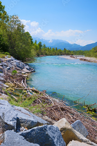 isar river near lenggries, with mountain view and turquoise water