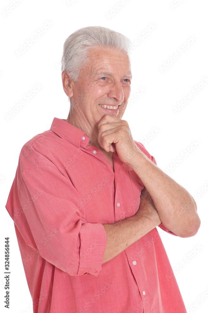 Close up portrait of thinking senior man isolated on white background Close up portrait of thinking senior man isolated on white background