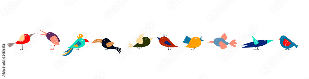Cute cartoon different multicolored birds in row on white background. Narrow horizontal banner for web, packaging, textile. Cute cartoon different multicolored birds in row on white background. Narrow horizontal banner for web, packaging, textile.