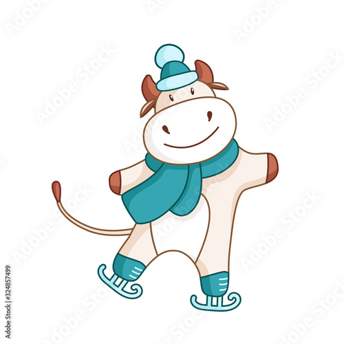 White cute ox, bull or cow skating in winter blue scarf kawaii cartoon character isolated on white for calendar, poster, greeting card, 2021 symbol, cute farm animal - vector illustration