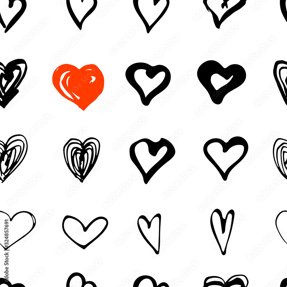 Hand drawn sketch style heart shapes seamless pattern. Vector illustration.