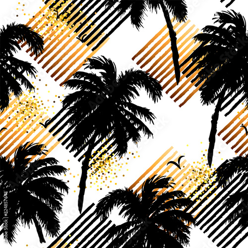 Seamless pattern with palm trees and hand drawn style stripes. Vector illustration.