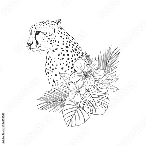 Leopard with exotic floral plant garland hand drawn inky sketch. African wild cat, cheetah black and white illustration. Monochrome jaguar realistic design element