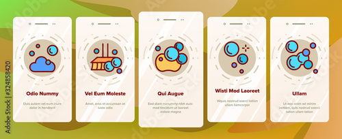 Soap Bubbles And Foam Onboarding Icons Set Vector. Soap In Bottle For Wash Hand, In Bucket And In Laundry Machine Illustrations