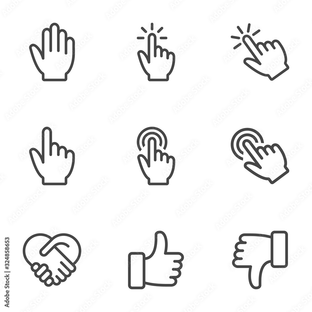 Hand gesture line icon set. Isolated vector illustration of human hands. - obrazy, fototapety, plakaty 